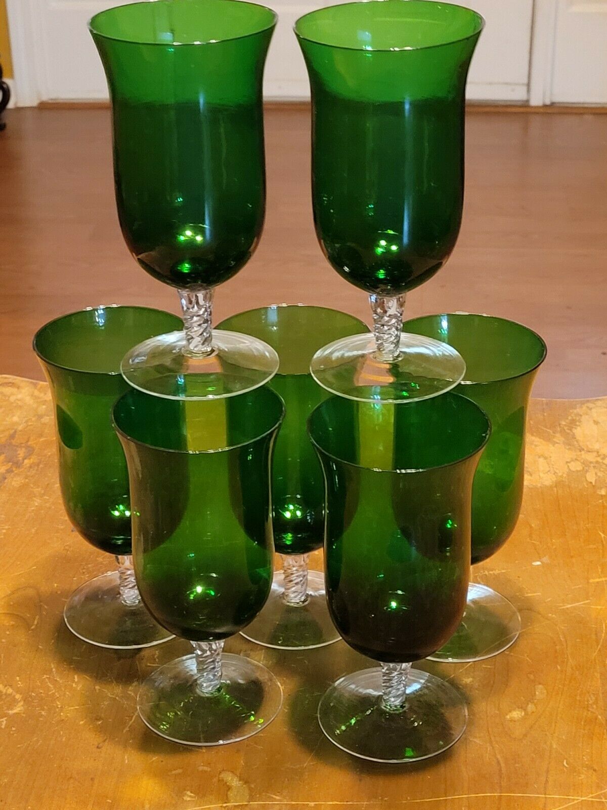 Seven (7) Vintage Forest Green Footed Iced Tea Glasses Goblets