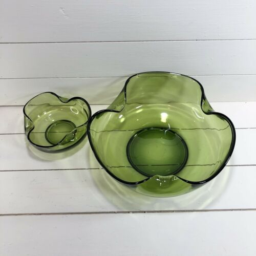 Vintage Forest Emerald Green Glass Bowl Set Of 2 Chip & Dip Serving Bowls