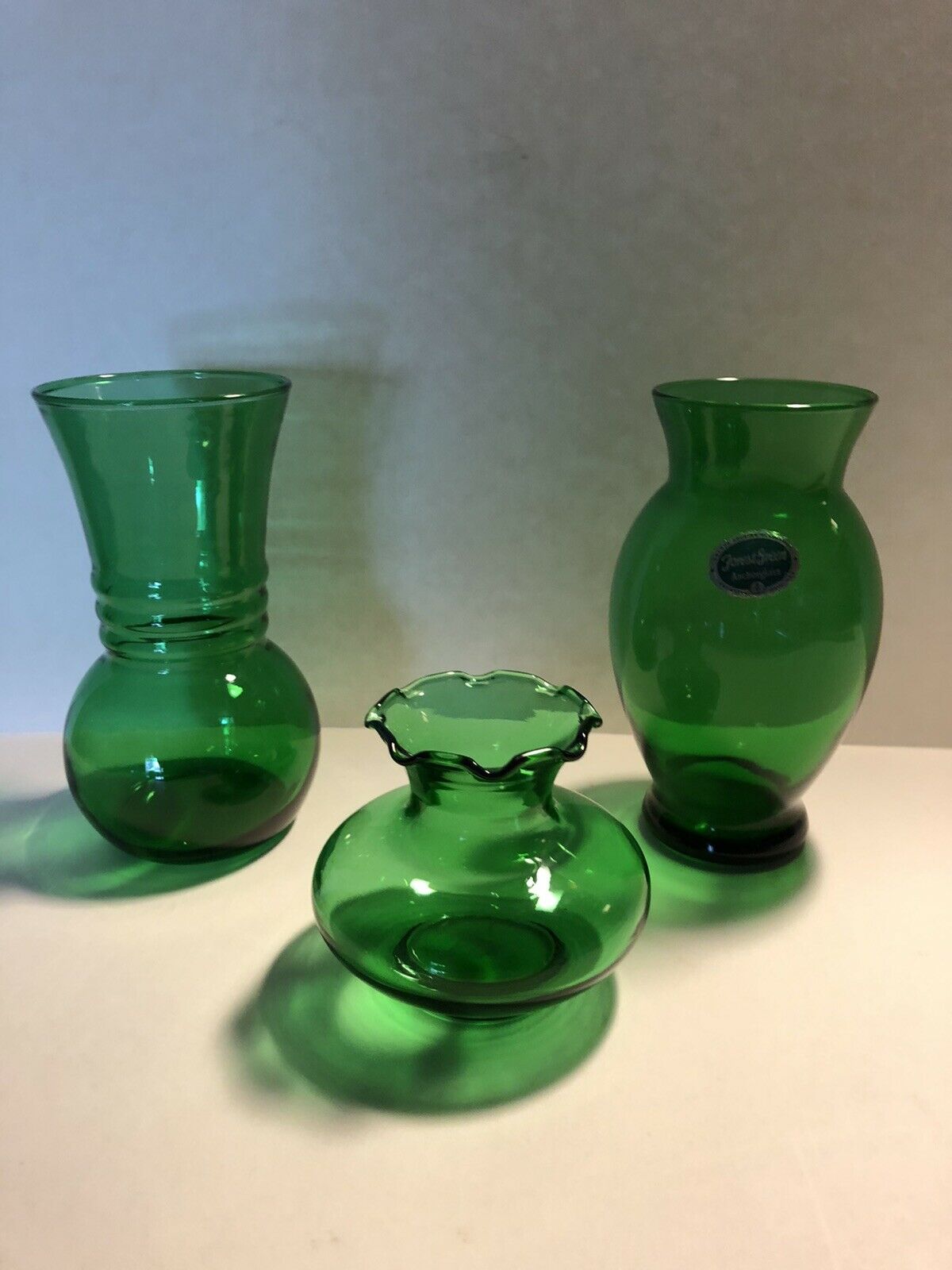 Lot Of 3 Forest Green Anchorglass Vases Lancaster Ohio Ruffed Rim Ivyball Ribbed