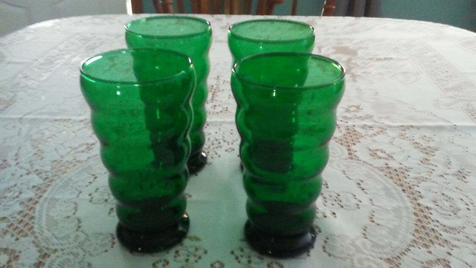 Anchor/fire King?rare 4 Vintage Green Glass Ripple Wave Design Drinking Glasses